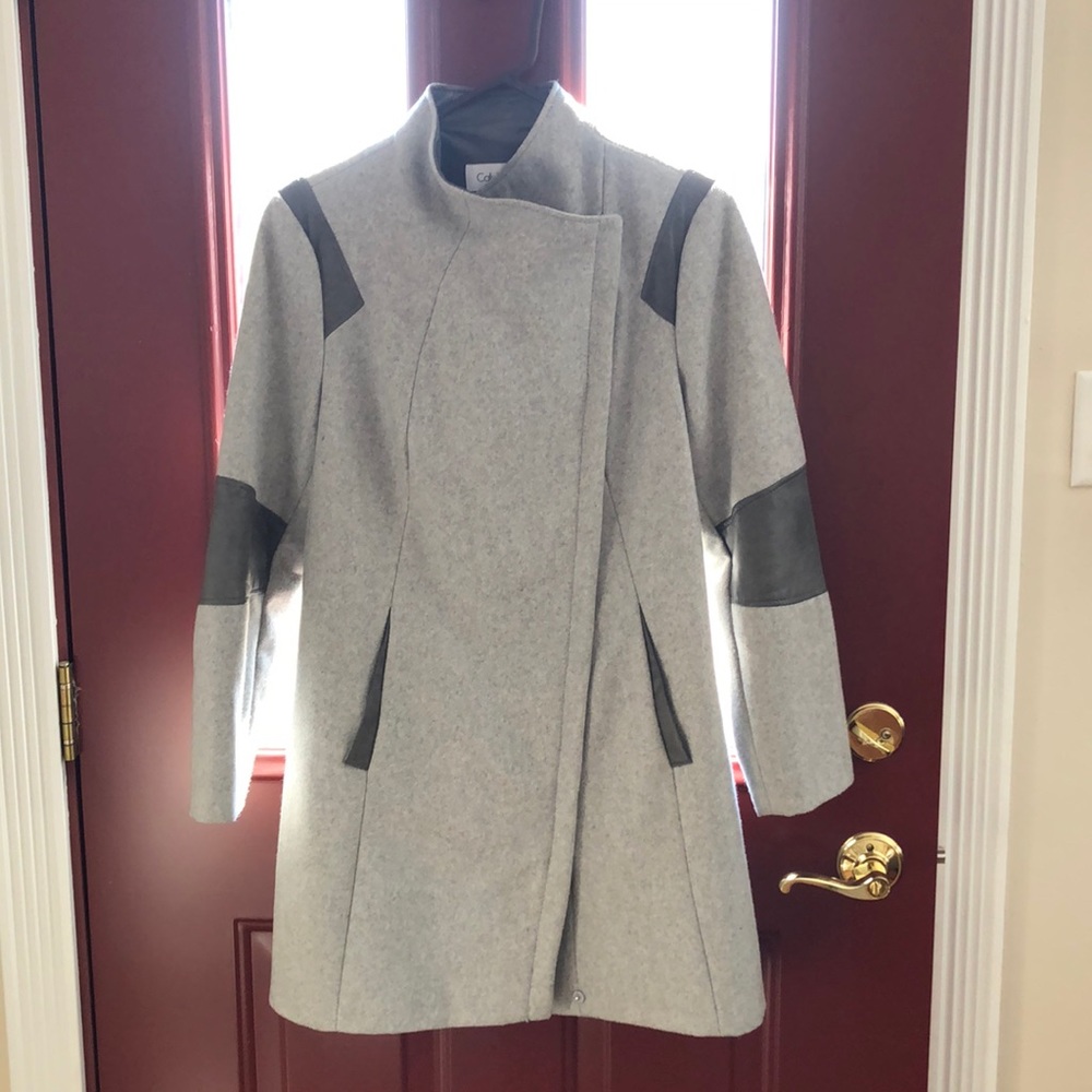 Barely used Calvin Klein wool leather trimmed coat